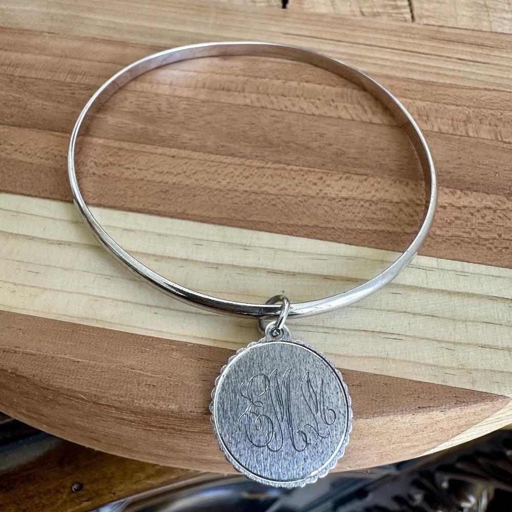 Vintage 1971 Bangle Bracelet 7.5 Inch‎ Monogram EMM Charm 925 Sterling 10.4g